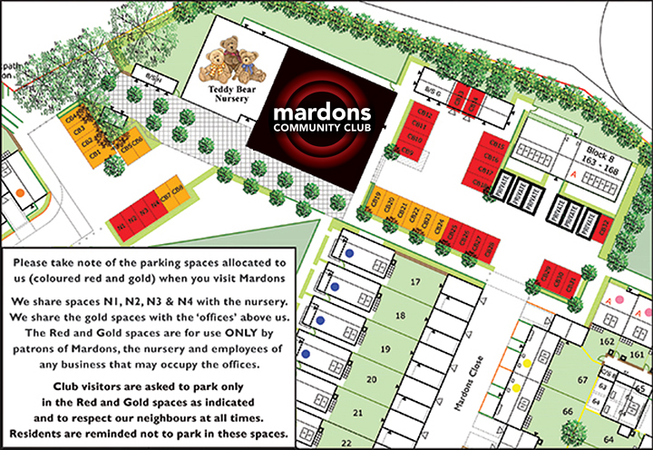 Where you can park at Mardons Social Club )and where you can't park)